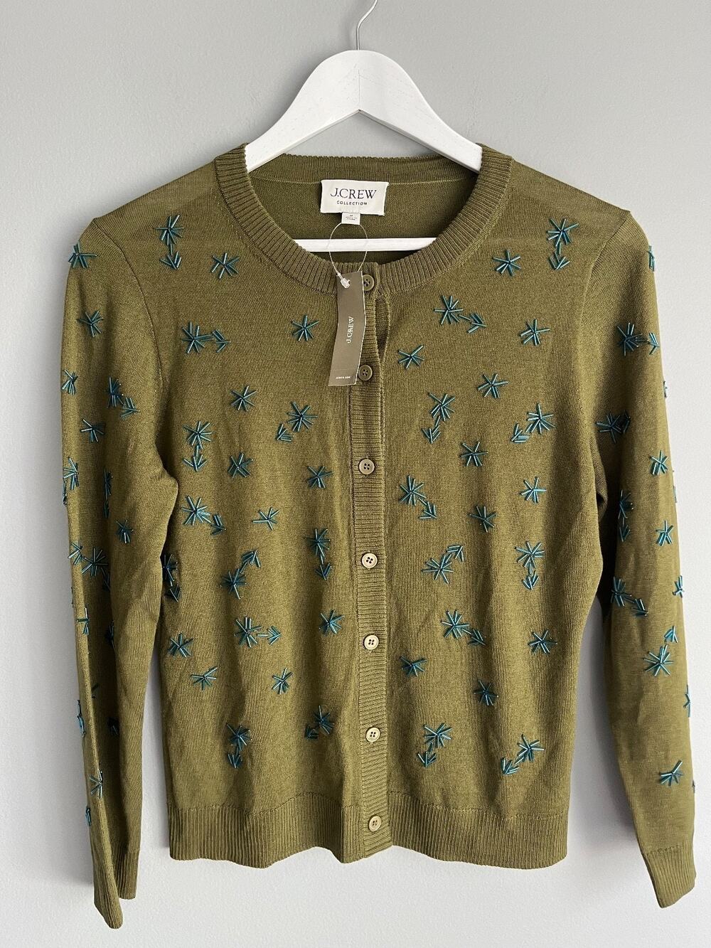 J.Crew Collection Embellished Merino Wool Cardigan Olive Beaded M NWT $198 CR354